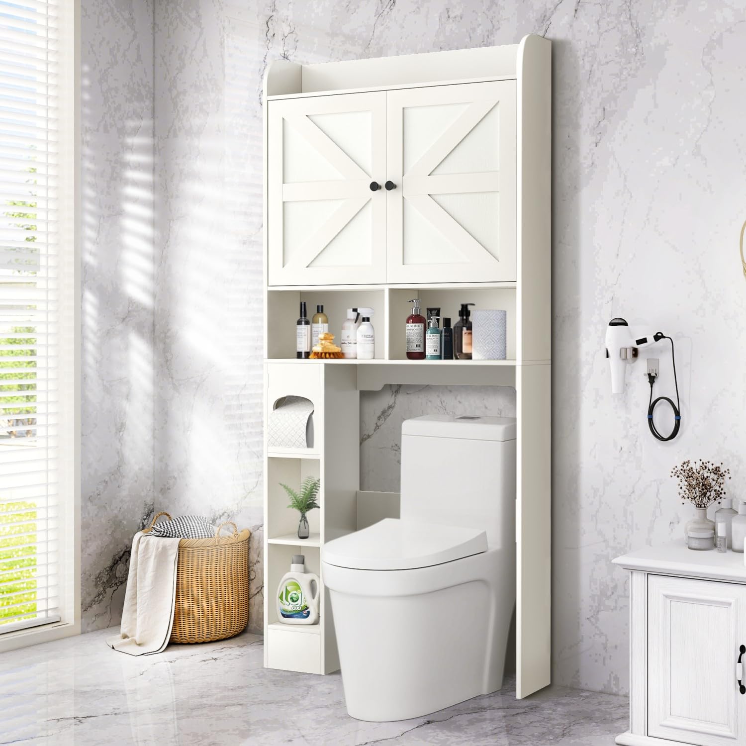 MUUEGM Over The Toilet Storage Cabinet with Barn Doors, 32.3''W Over The Toilet Shelf with Toilet Paper Holder, Bathroom Organizers and Storage Over Toilet with Adjustable Bottom Bar, White