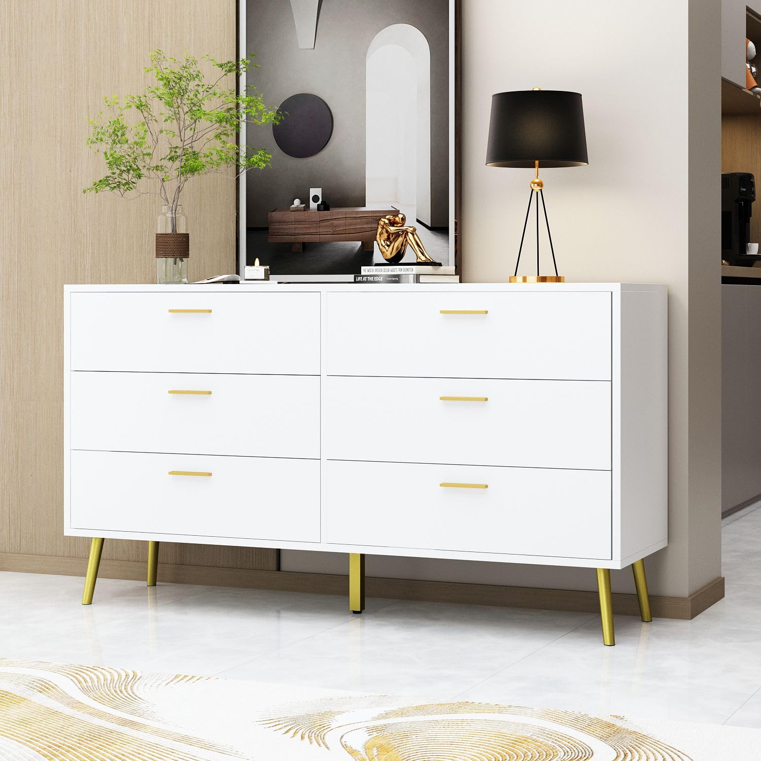 TAMUNE 54” 6 Drawer Dresser, Modern 6-Drawer Chest with Gold Metal Handles, Bedroom Dresser with Gold Metal Legs, for Living Room Entryway White (54”W x 15.7”D x 30.1”H)