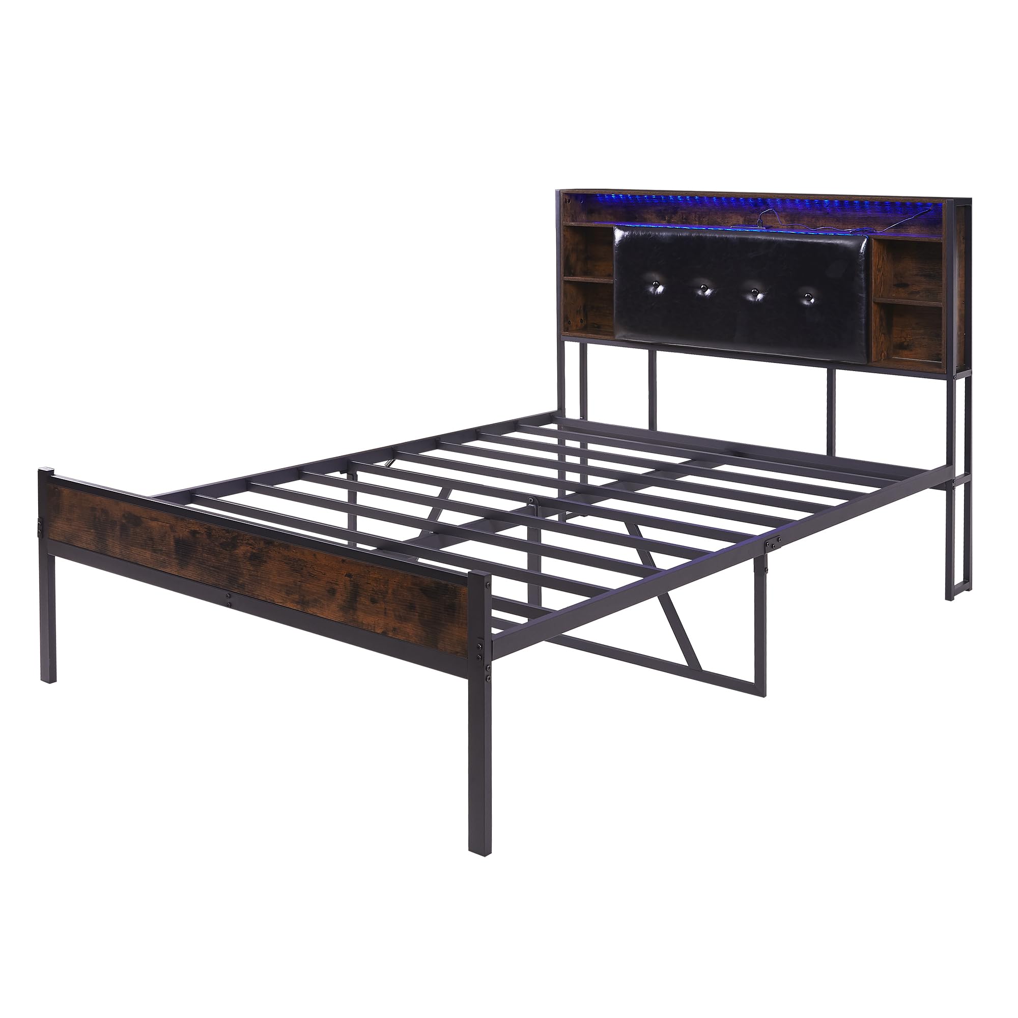 Full Size Bed Frames with Charging Station&LED Lights, Modern Metal Bed Frames with Upholstered Hidden Storage Headboard, Storage Space Under Bed, No Box Spring, Easy Assembly