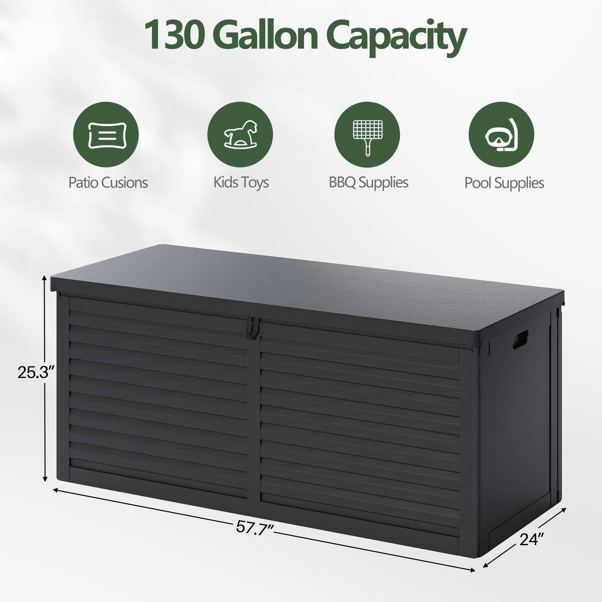 BTMWAY 130 Gallon Outdoor Storage Deck Box Water-proof Resin Cabinet for Patio Cusions,Garden Tools,Pool Supplies,Lockable Strong Bearing Lid,Slide Support Rod,Lightweight,Weather-resistant (Black)