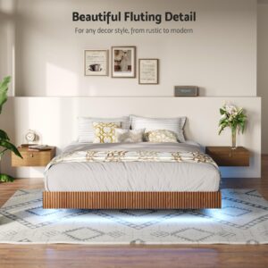 Tatub Walnut Queen Floating Bed Frame with LED Lights, Fluted Bed Frame Floating, Mid Century Modern Floating Platform Bed with Heavy Duty Metal Slats, No Box Spring Needed