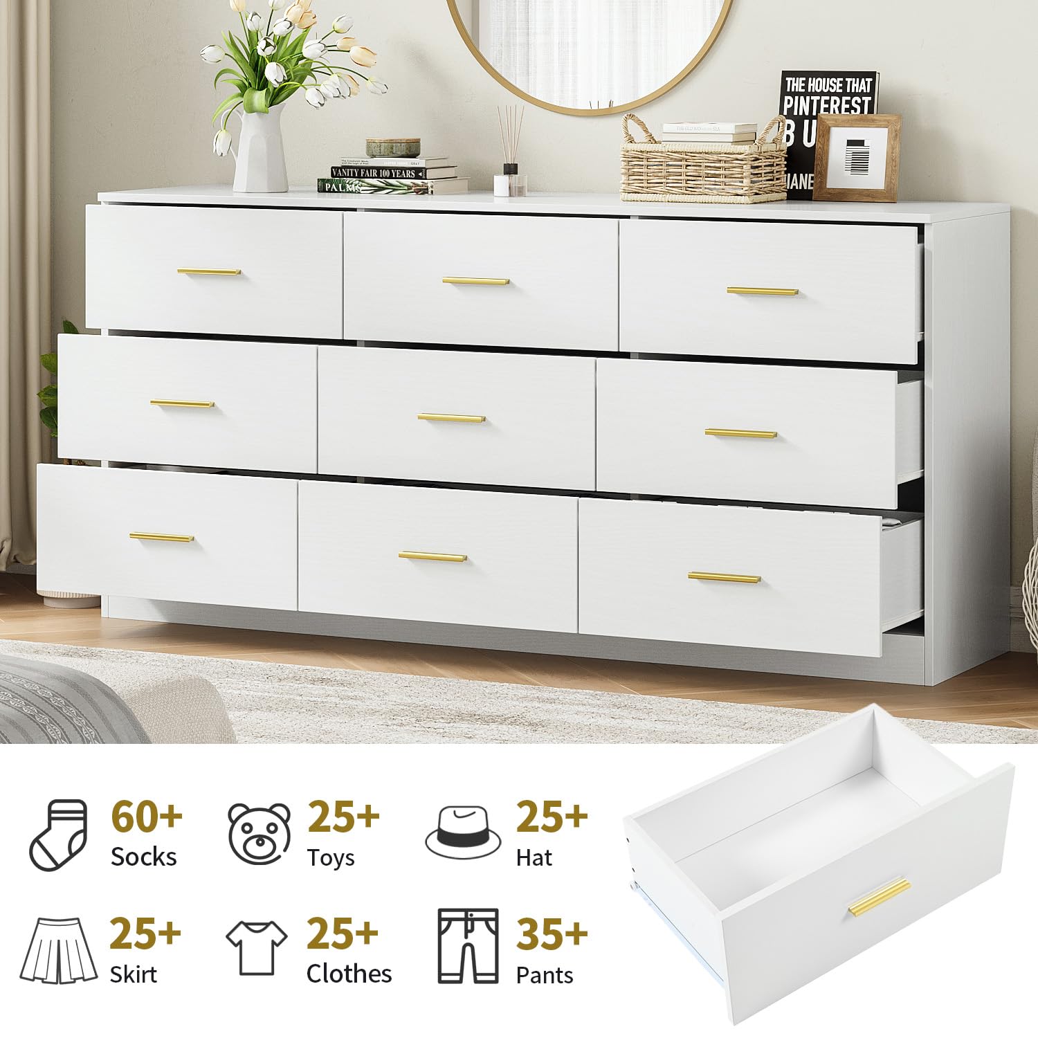 Angel Sar 9 Drawer Dresser for Bedroom, Modern White Dresser, Long Chest of Drawers with Golden Handles, Leg Free Design & Smooth Slides, Double Drawer Dresser for Closet, Sturdy Wooden Dresser