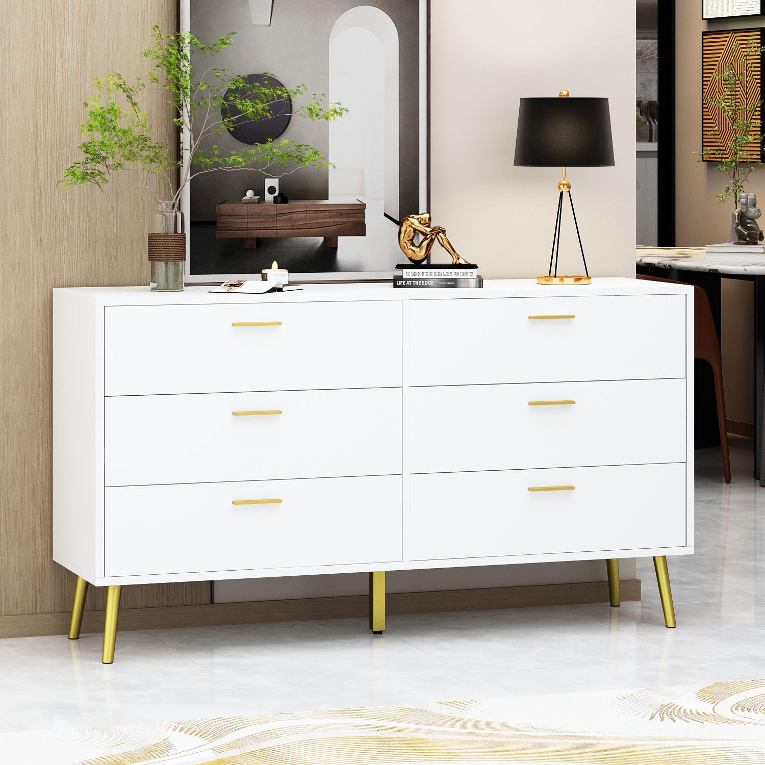 TAMUNE 54” 6 Drawer Dresser, Modern 6-Drawer Chest with Gold Metal Handles, Bedroom Dresser with Gold Metal Legs, for Living Room Entryway White (54”W x 15.7”D x 30.1”H)