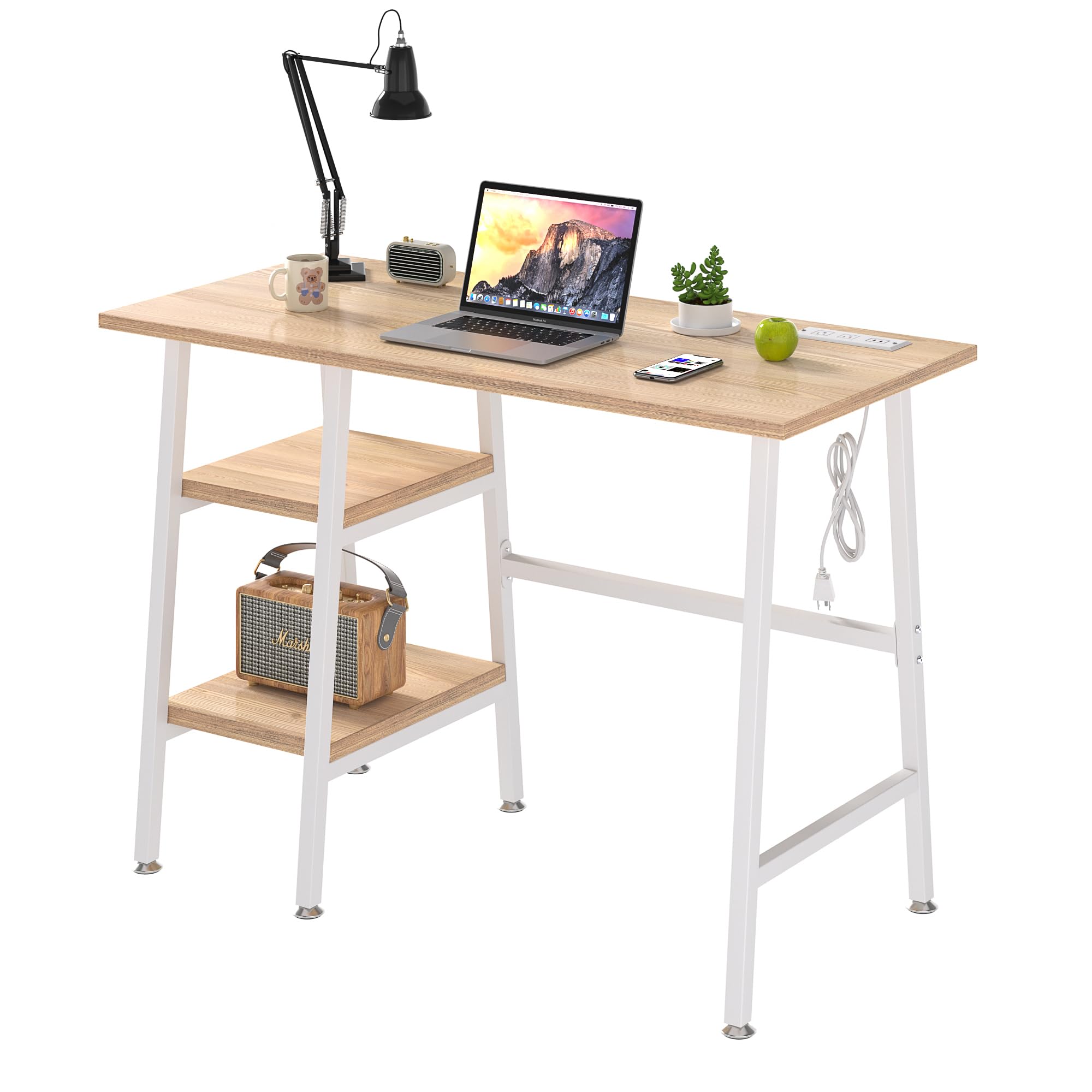 VECELO Computer Desk with USB Charging Port &Power Outlet, Teen Study Table with Storage Shelves for Home Office, 43 Inch Work Desk Charging Station, Oak