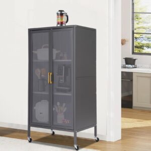 4-Tier Kitchen Storage Cabinet, Freestanding Metal Microwave Stand on Wheels, Mobile Kitchen Shelves with Transparent Door & 4 Rolling Wheels for Dining Room, Living Room (Grey, 23.6 inches wide)