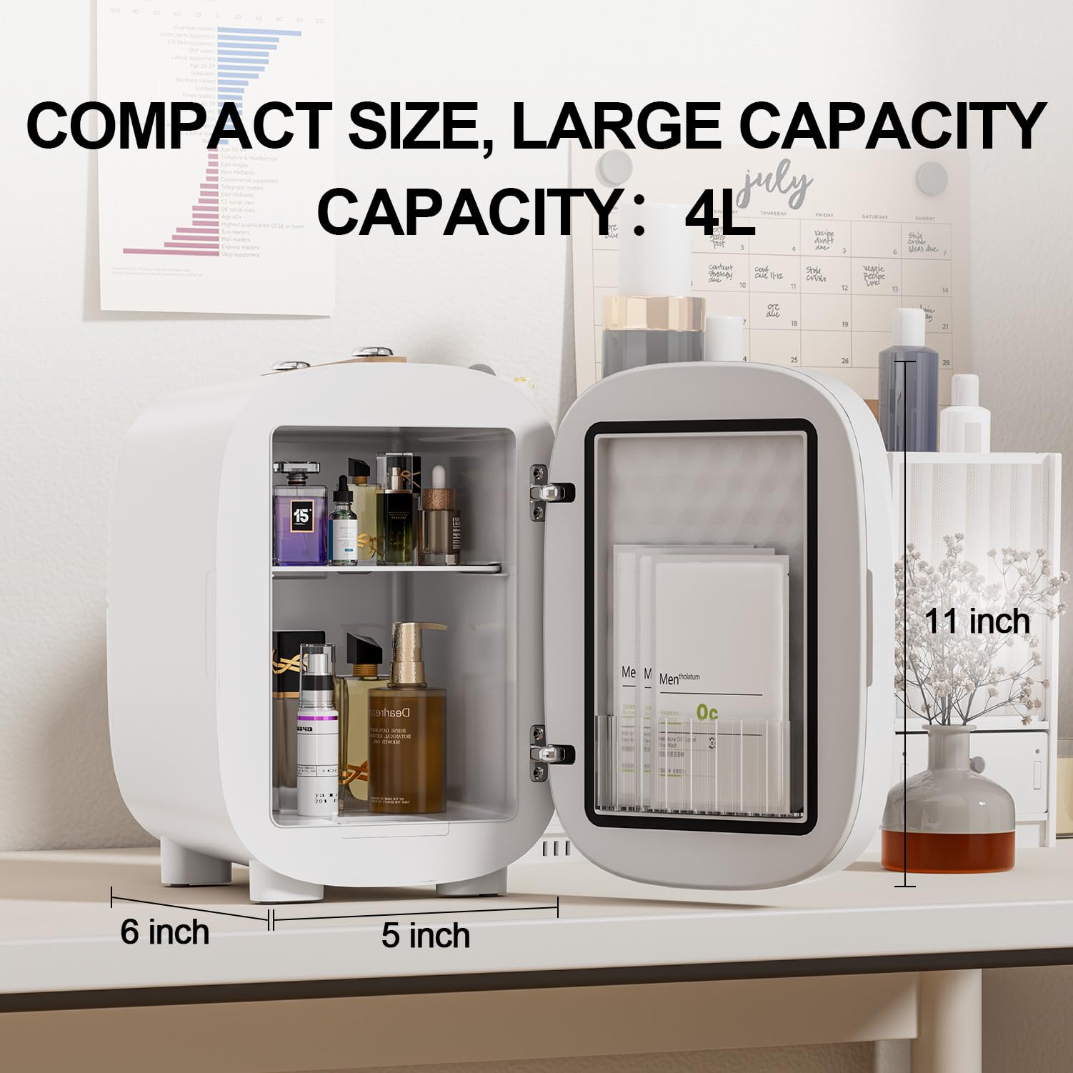 LIGIANT Skincare Fridge, With 3-Level Dimmable LED Light Mirror, Low Noise Mini Fridge, 4L Large Capacity, Cooler & Warmer, Portable Design for Multiple Uses - Bedroom, Office, and Travel