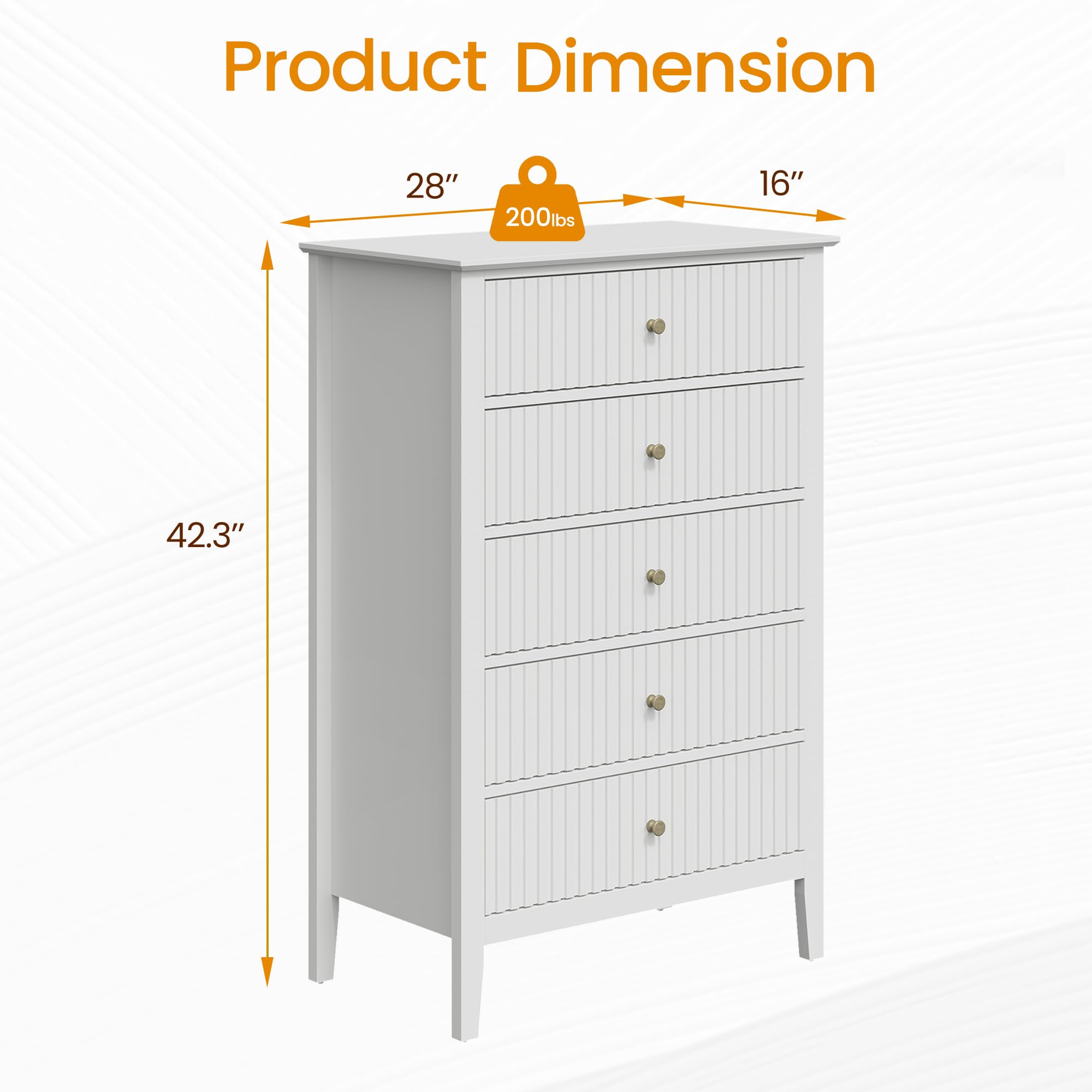 May in Color White Fluted 5 Drawer Dresser for Bedroom, Tall Chest of Drawers with Ball Bearing Slide, Waterproof Lacquered Desktop,Modern Wood Storage Cabinet for Living Room