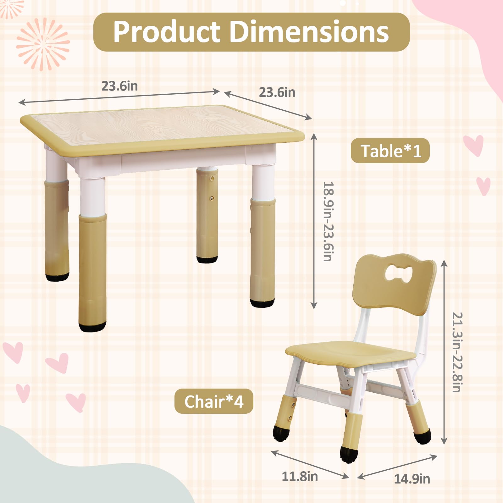 MilleLoom Kids Table and Chairs, Height Adjustable Children Table with 4 Chair Set, Kids Tables for Age 2-10, Graffiti Desktop, Children Multi-Activity Table for Classrooms,Daycares,Home