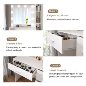 DINGIPP Makeup Vanity Desk with Lighted Mirror and Charging Station, Makeup Table with 4 Drawers & Storage Shelves, Vanity Desk 3 Color Modes Available, Bedroom Dressing Table for Women, girls (White)