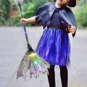 Halloween Witch Broom with LED Light, Witch Broomstick Light Up Witch Broom Decor Cosplay Props Costume Accessories (Purple)