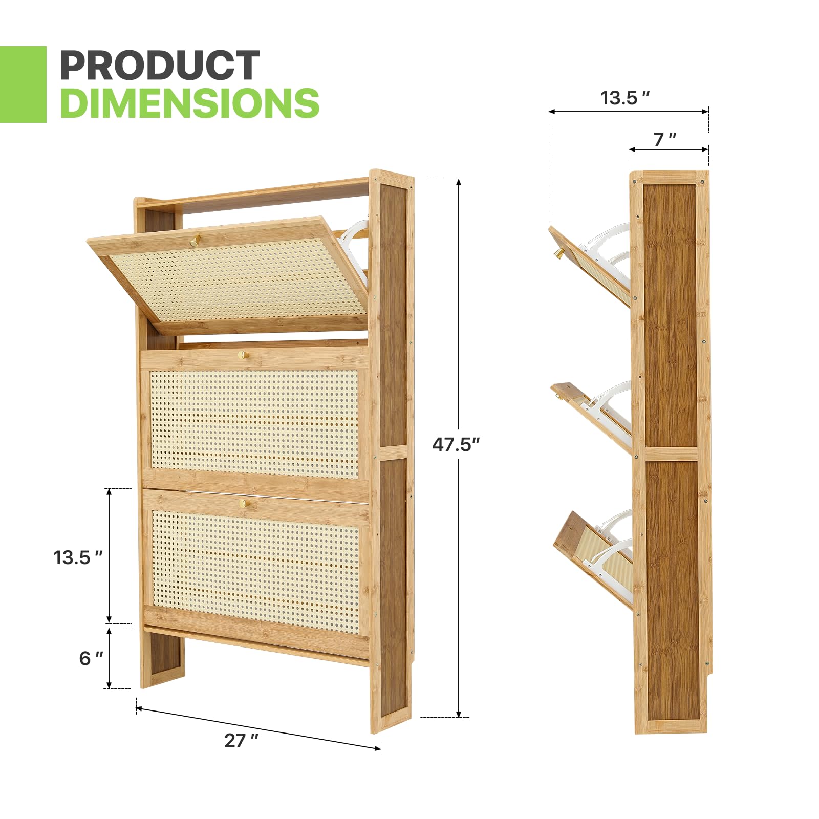 Magshion Narrow Shoe Cabinet for Entryway Slim Thin Bamboo Freestanding Shoe Storage with Flip Drawers for Hallway, Living Room, Bedroom (Natural, 47.5" x 27" x 7")