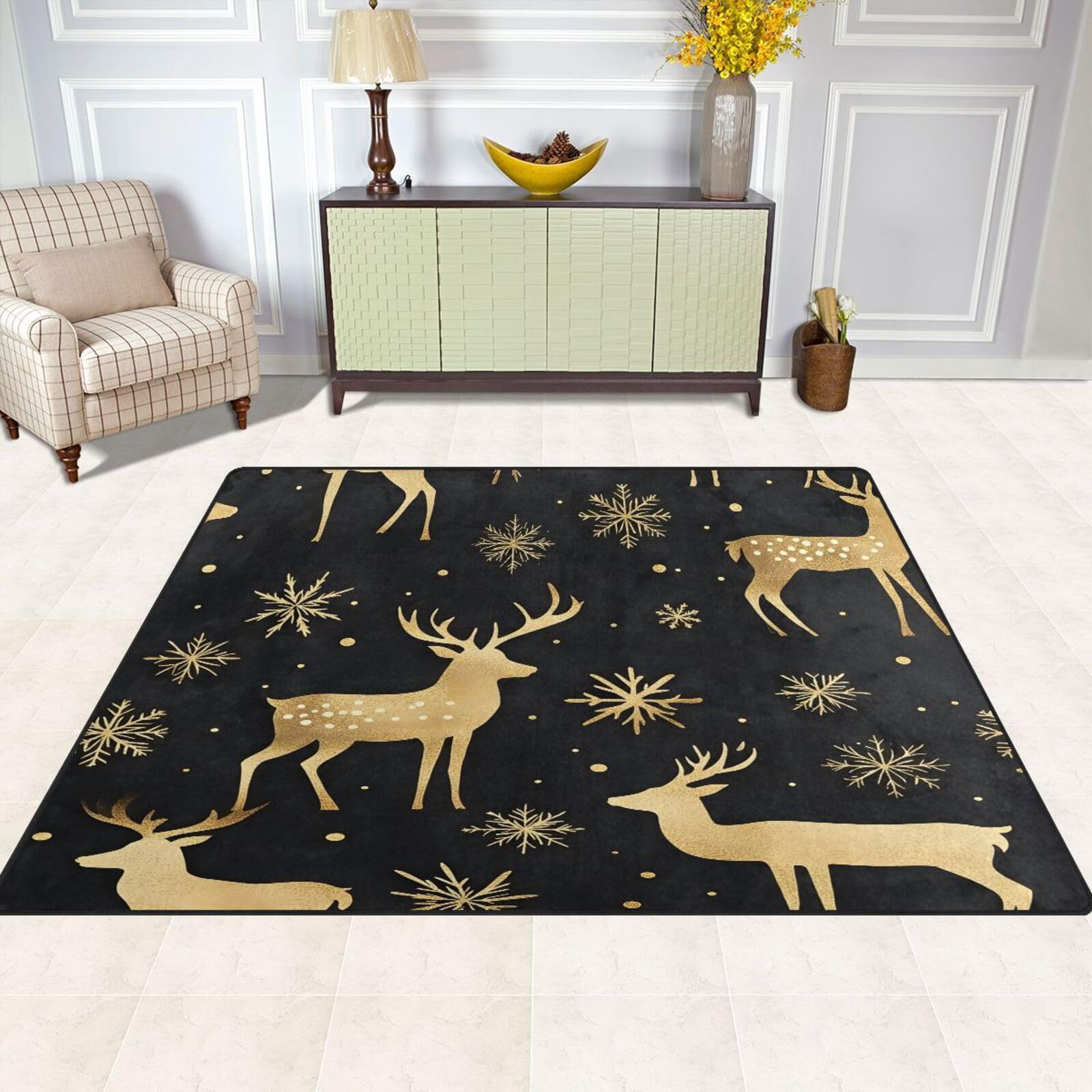 Christmas Rugs for Living Room Christmas Area Rugs 5x4 Christmas Gold Deer Black Non Slip Area Rug Large Christmas Carpet Home Decorative