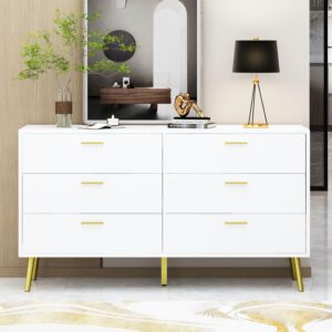 TAMUNE 54” 6 Drawer Dresser, Modern 6-Drawer Chest with Gold Metal Handles, Bedroom Dresser with Gold Metal Legs, for Living Room Entryway White (54”W x 15.7”D x 30.1”H)