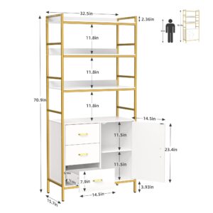 71" Tall Bookshelf with Storage Cabinet, Bookcase with Doors, Inter Adjustable shelf, 3 Wooden Drawers, 4 Tier Open Shelves, Modern Display Rack for Living Room, Kitchen, Home Office, White and Gold