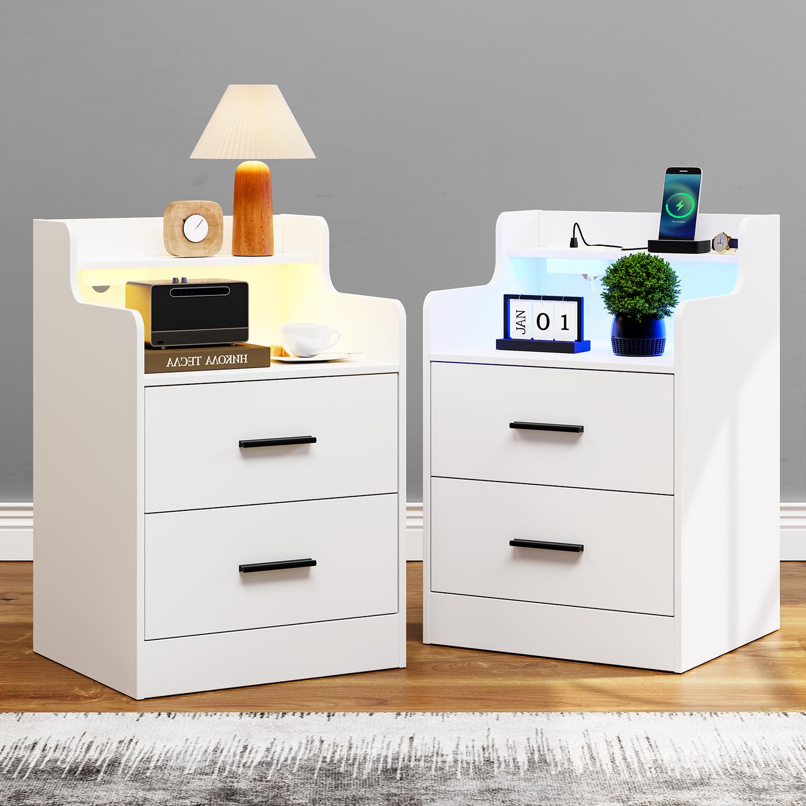 Nightstand with 2 Drawers, Nightstand Set of 2 with Led Light& Power Strip,15.7''Lx17.7''Wx26.8‘’H Night Stand for Bedroom,Bed Side Table with Charging Station,White