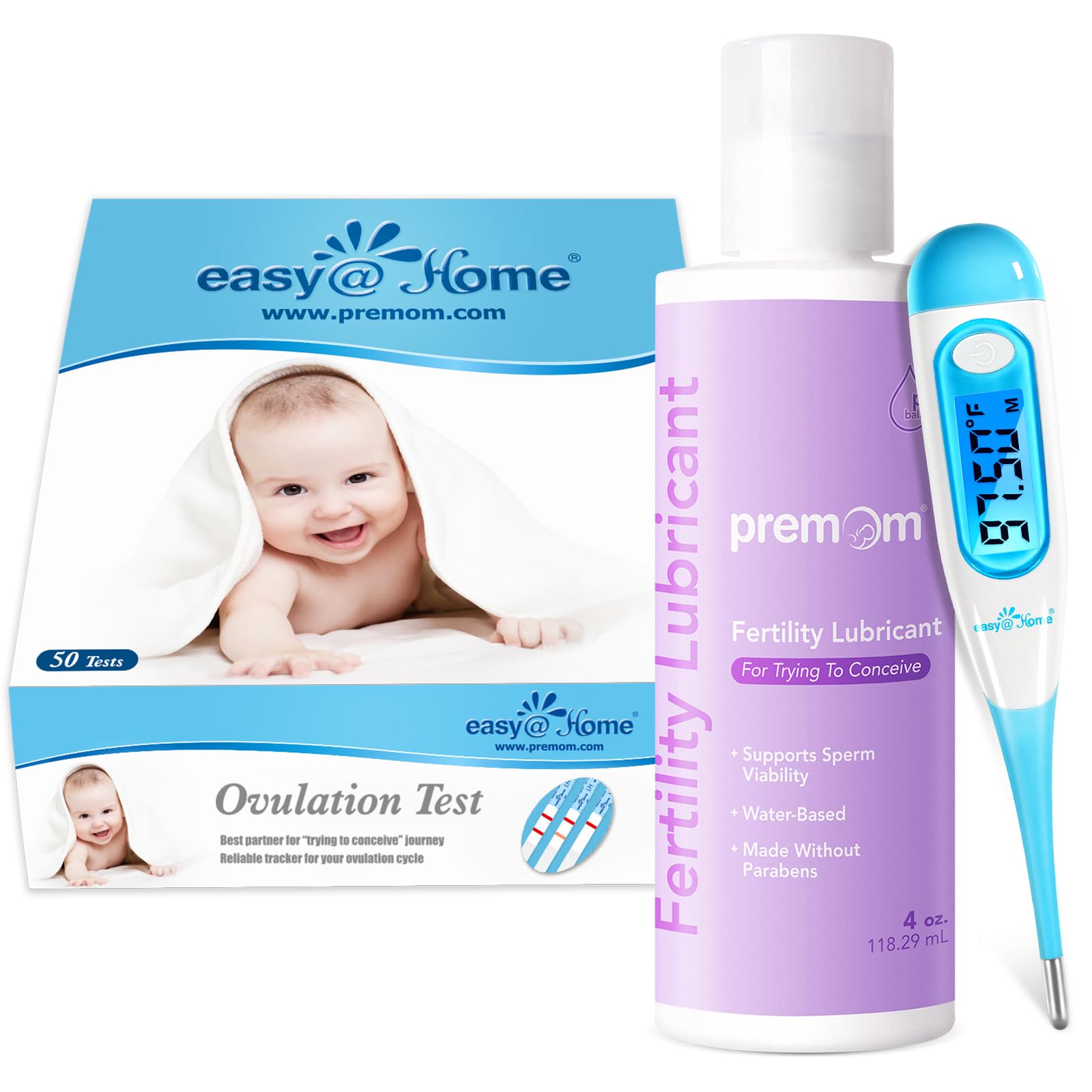 Premom Personal Fertility Lubricant + Easy@Home Digital Basal Thermometer + Easy@Home Ovulation Test Strips (50-Pack)