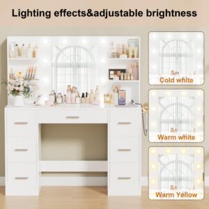 Acurax Vanity Desk with Mirror and 10 Lights, Makeup Table with 7 Drawers and Open Shelves, 3 Color Modes and Adjustable Brightness, Power Outlet for Bedroom, White