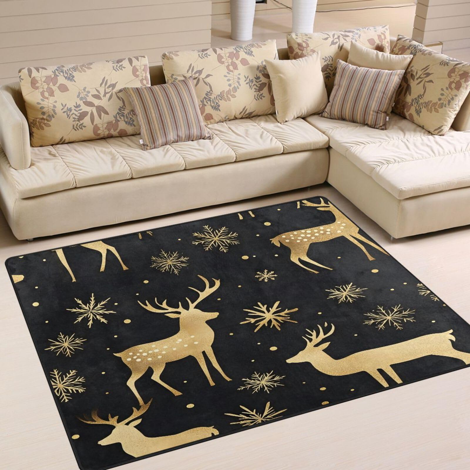 Christmas Rugs for Living Room Christmas Area Rugs 5x4 Christmas Gold Deer Black Non Slip Area Rug Large Christmas Carpet Home Decorative