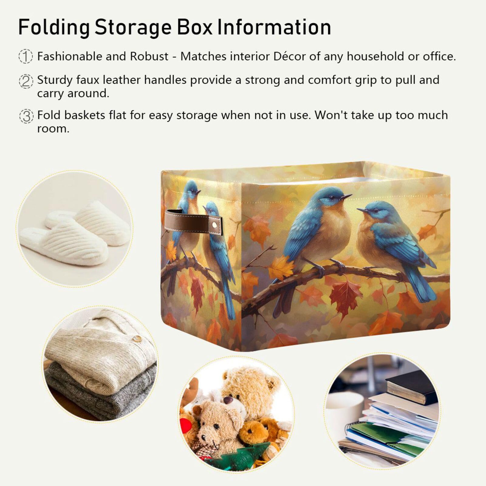 Large Storage Basket Blue Birds Autumn Storage Bin Cube Canvas Fabric Organizer Handles Collapsible for Clothes Toys Bedroom Decorative