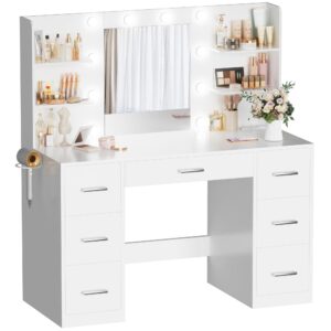 acurax vanity desk with mirror and 10 lights, makeup table with 7 drawers and open shelves, 3 color modes and adjustable brightness, power outlet for bedroom, white