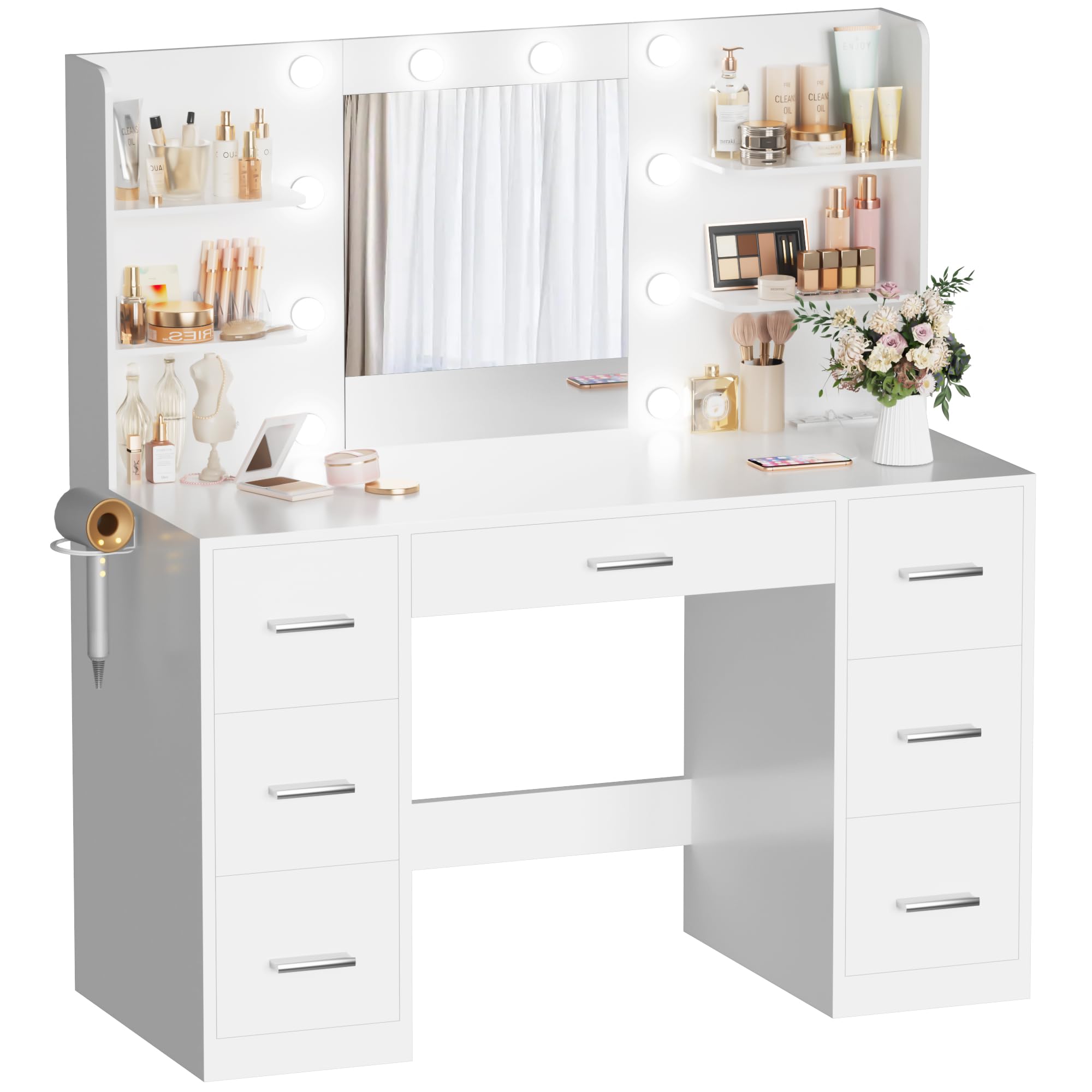 Acurax Vanity Desk with Mirror and 10 Lights, Makeup Table with 7 Drawers and Open Shelves, 3 Color Modes and Adjustable Brightness, Power Outlet for Bedroom, White