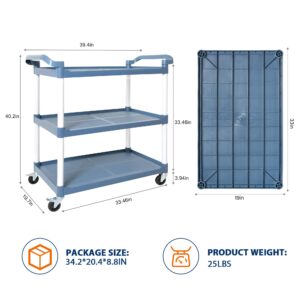 RAYOCON 3-Tier Large Plastic Service Utility Cart, Food-Service Rolling Cart with Wheels Heavy Duty Commercial Rolling for Restaurant,Household,Office (19.7" D x 39.4" W x 40.2" H)