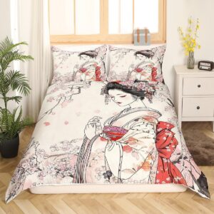 Feelyou Kids Japanese Geisha Bedding Set King Size Boys Girls Cherry Blossoms Comforter Cover Set Japanese Style Duvet Cover Japanese Tradition Aesthetic Bedspread Cover (No Comforter)