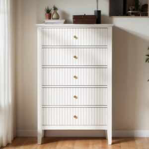 may in color white fluted 5 drawer dresser for bedroom, tall chest of drawers with ball bearing slide, waterproof lacquered desktop,modern wood storage cabinet for living room