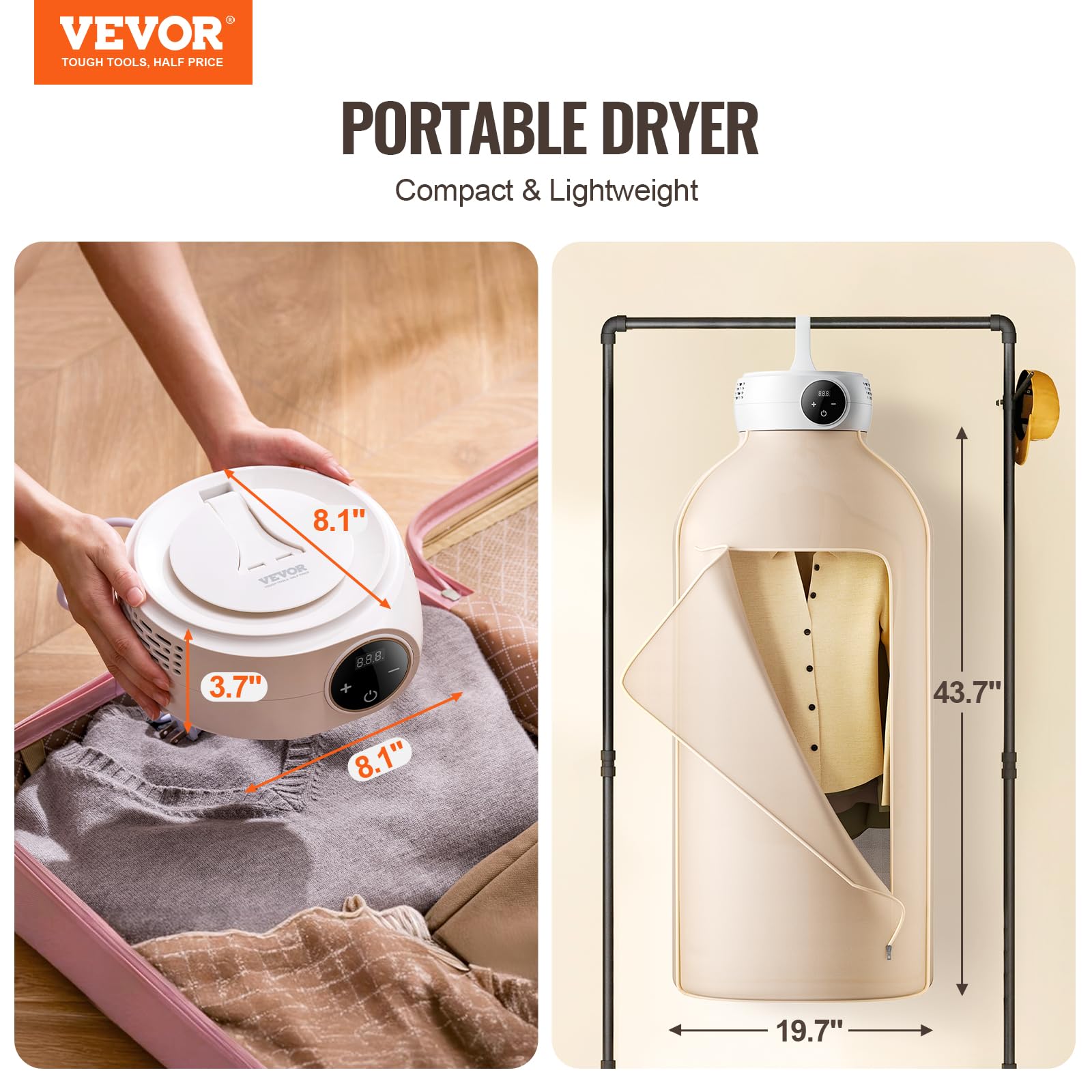 VEVOR Portable Clothes Dryer, Clothes Dryer with Dryer Bag, PTC Heating & LED Display, Foldable Mini Dryer with 5-H Timer for Apartments, Dorms, RVs, or Hotels, 600W, Beige