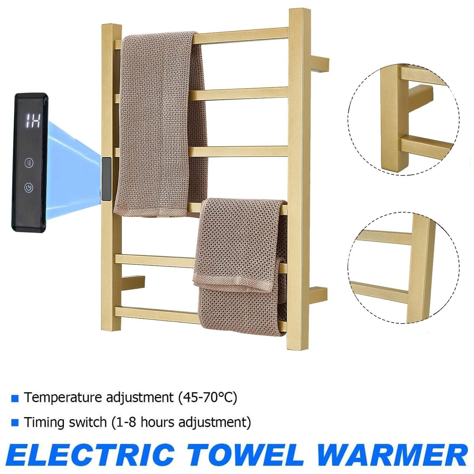 Heated Towel Warmer Rack, Wall Mounted Electric Towel Rail with Temperature Adjustment & Timer, 6 Bars Stainless Steel Drying Racks, Gold