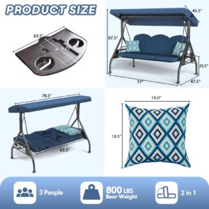 ZZW 3 Seat Outdoor Porch Patio Swing 800lbs 2-in-1 Patio Swing Glider Chair with Adjustable Canopy & Removable Cushion Outdoor Adult Swing with Stand for Yard Porch Garden Deck (Blue, Square Tube)