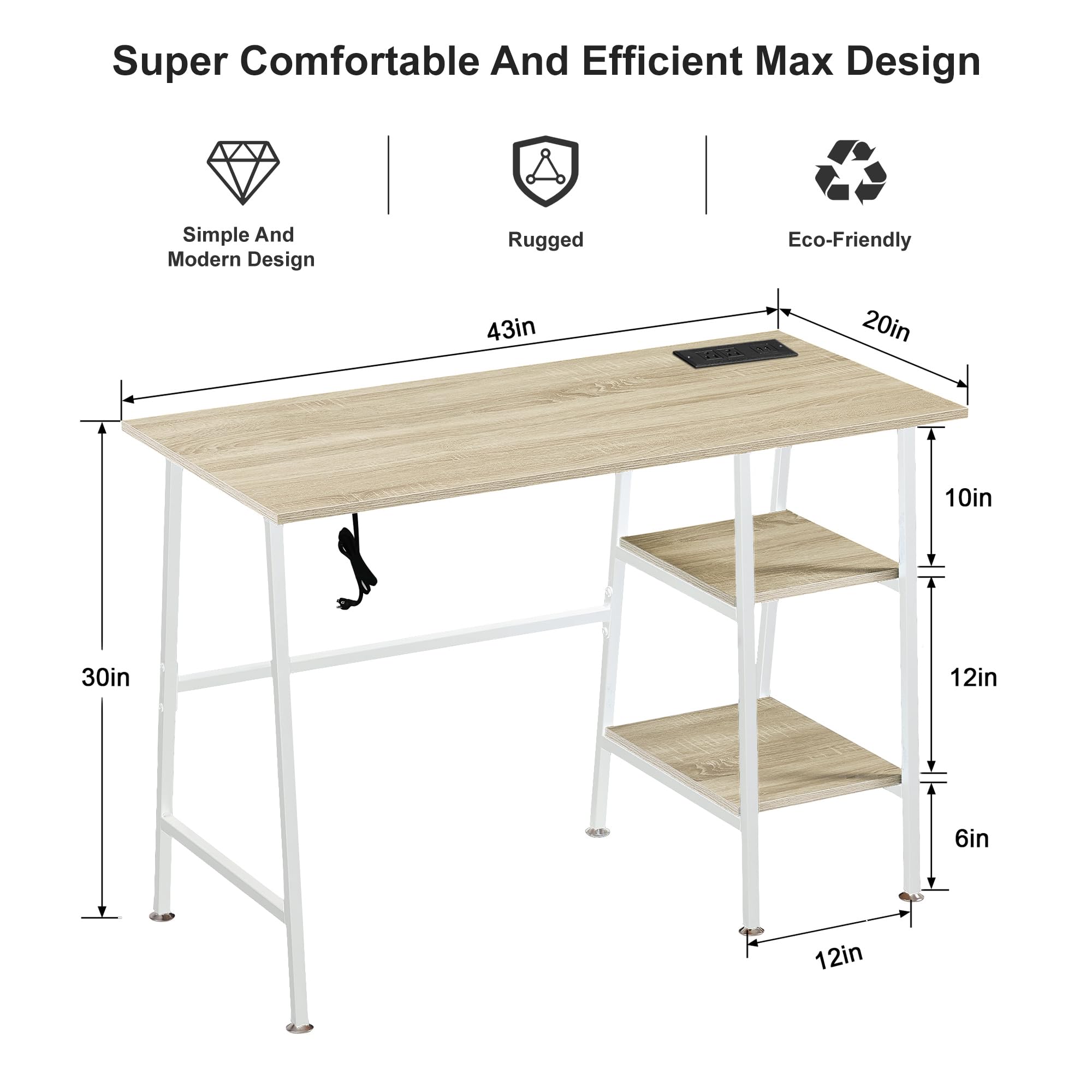 VECELO Computer Desk with USB Charging Port &Power Outlet, Teen Study Table with Storage Shelves for Home Office, 43 Inch Work Desk Charging Station, Oak