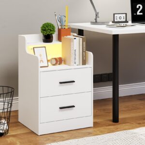 Nightstand with 2 Drawers, Nightstand Set of 2 with Led Light& Power Strip,15.7''Lx17.7''Wx26.8‘’H Night Stand for Bedroom,Bed Side Table with Charging Station,White