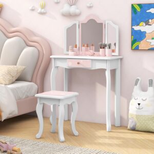 GLACER Kids Vanity Set, 2-in-1 Princess Makeup Table with Stool, Detachable Tri-fold Mirror and Large Drawer, Wooden Pretend Play Kids Vanity Table and Chair Set for Girls (Pink Snowflake Print)