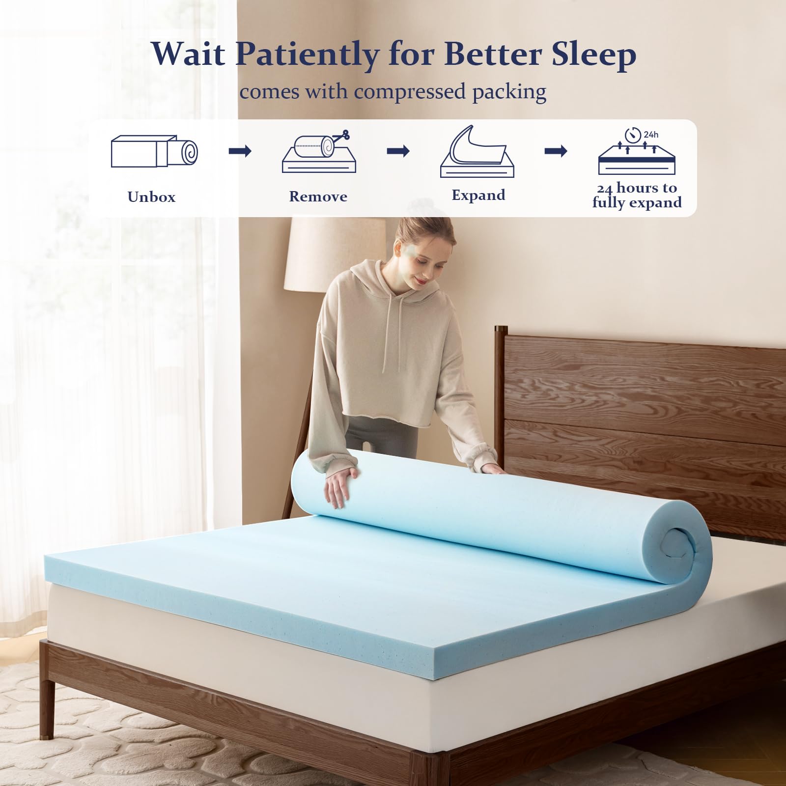 AMICLIBER 2 Inch Full Memory Foam Mattress Topper, Cooling Gel Infused Mattress Pad, Ventilated Bed Topper for Pressure Relief Back Pain, CertiPUR-US Certified-Blue