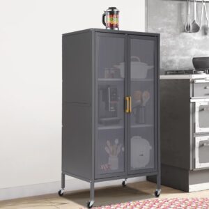 4-Tier Kitchen Storage Cabinet, Freestanding Metal Microwave Stand on Wheels, Mobile Kitchen Shelves with Transparent Door & 4 Rolling Wheels for Dining Room, Living Room (Grey, 23.6 inches wide)