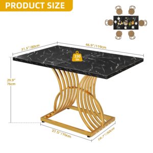 DWVO Modern Dining Table for 4 People 47 Inch Rectangular Kitchen Table with Faux Marble Tabletop and Gold Geometric Legs Small Dinner Table Kitchen & Dining Room Furniture Black & Gold