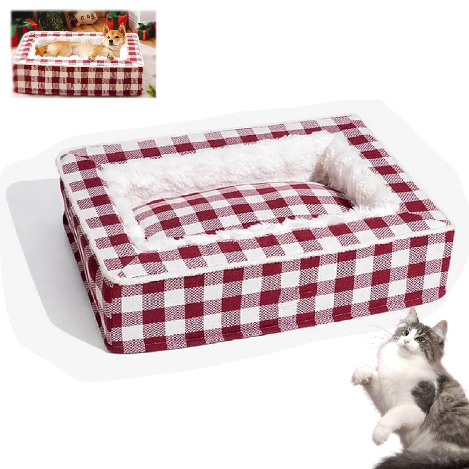 Tartan Cozy Dog Anti-Anxiety Calming Bed - Tartan Cozy Dog Anti-Anxiety Calming Bed - Christmas Classic Tartan Pet Bed - Extra Thick Removable Washable Cover Calming Dog Bed (Red, Medium)