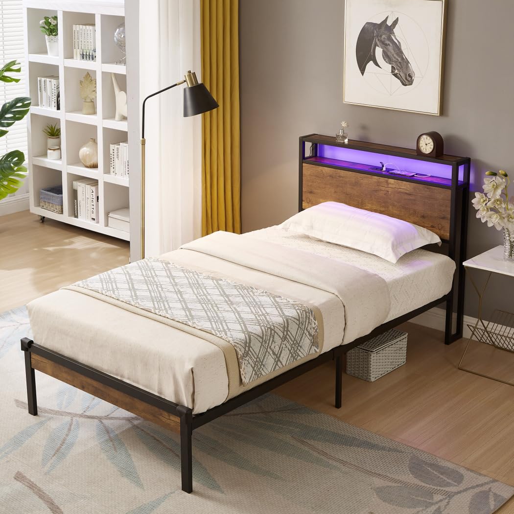 Twin Size Platform Bed, Modern Metal Bed Frame with Headboard, USB, LED Lights and Under-Bed Storage Space, Single Metal Bed Frame for Bedroom, Noise-Free, Easy to Clean