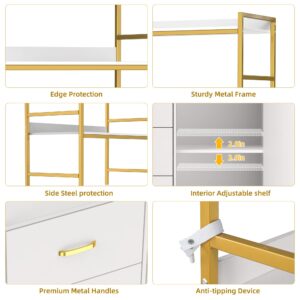 71" Tall Bookshelf with Storage Cabinet, Bookcase with Doors, Inter Adjustable shelf, 3 Wooden Drawers, 4 Tier Open Shelves, Modern Display Rack for Living Room, Kitchen, Home Office, White and Gold