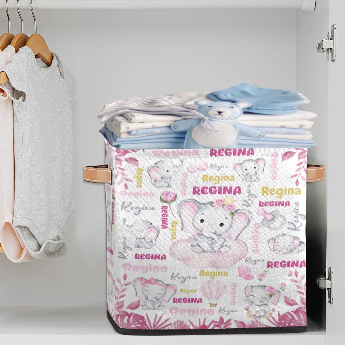 XIOBODR Personalized Storage Bin, Cute Elephant Clouds Text Pink Custom Name Storage Baskets for Organizing with Handles, 13 x 13 Inch Collapsible Storage Box for Closet Cloth Baskes Toy