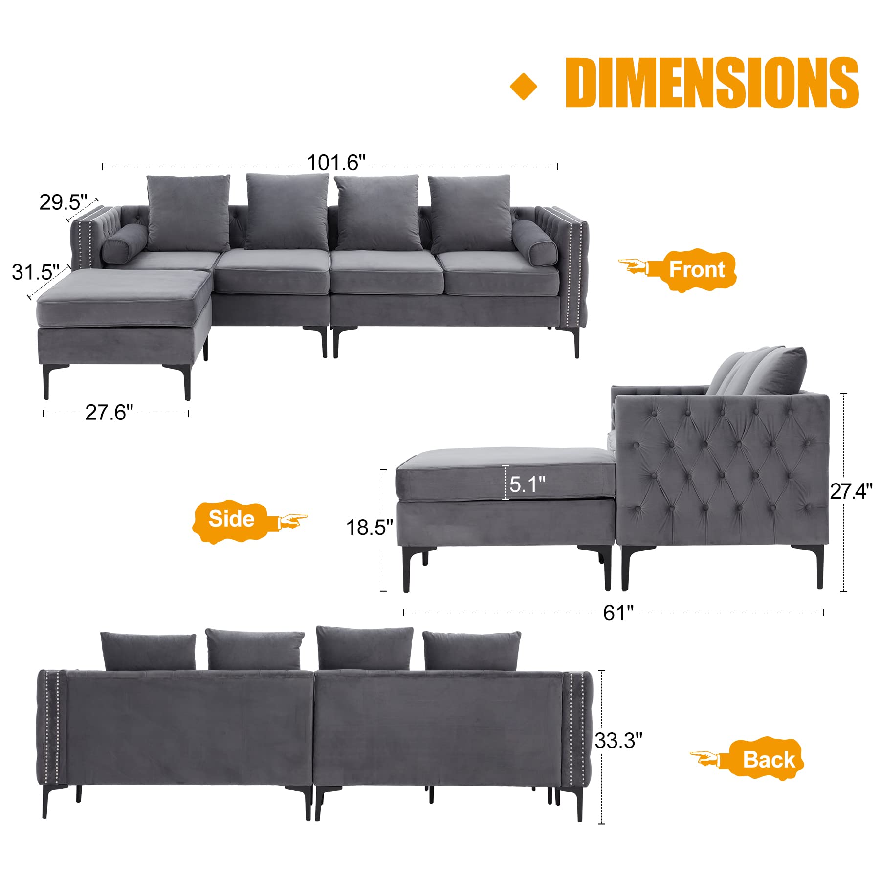 HOMREST 102 Inch Dutch Velvet Sectional Sofa Set with Storage Ottoman, Convertible Sofa with Movable Ottoman, 4-Seat L Shaped Sectional Couches for Living Room, Home, Apartment, Dorm