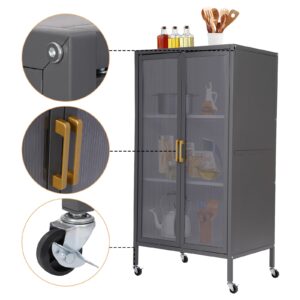 4-Tier Kitchen Storage Cabinet, Freestanding Metal Microwave Stand on Wheels, Mobile Kitchen Shelves with Transparent Door & 4 Rolling Wheels for Dining Room, Living Room (Grey, 23.6 inches wide)