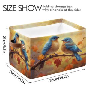 Large Storage Basket Blue Birds Autumn Storage Bin Cube Canvas Fabric Organizer Handles Collapsible for Clothes Toys Bedroom Decorative