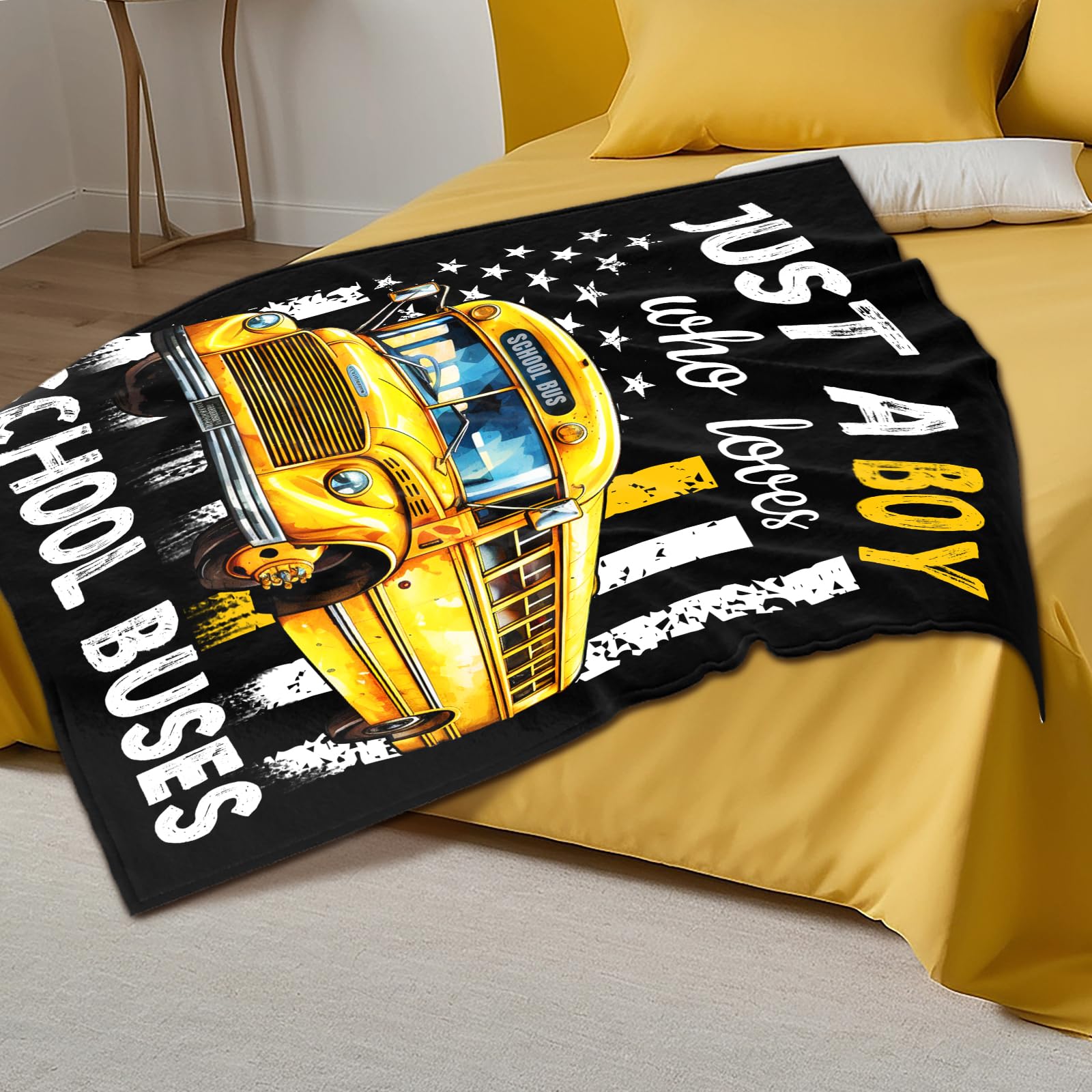 Boys Blanket Gifts, School Bus Throw Blankets for Kids Teens, 40x50 Inches Cute Throws for Truck Lovers - Black Soft Fuzzy Car Blankets for Sofa Couch Bed