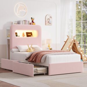 hostack twin led bed frame with storage headboard and charging station, girls bed frame with 2 drawers and usb ports, velvet upholstered platform bed frame with bookcase, no box spring needed, pink