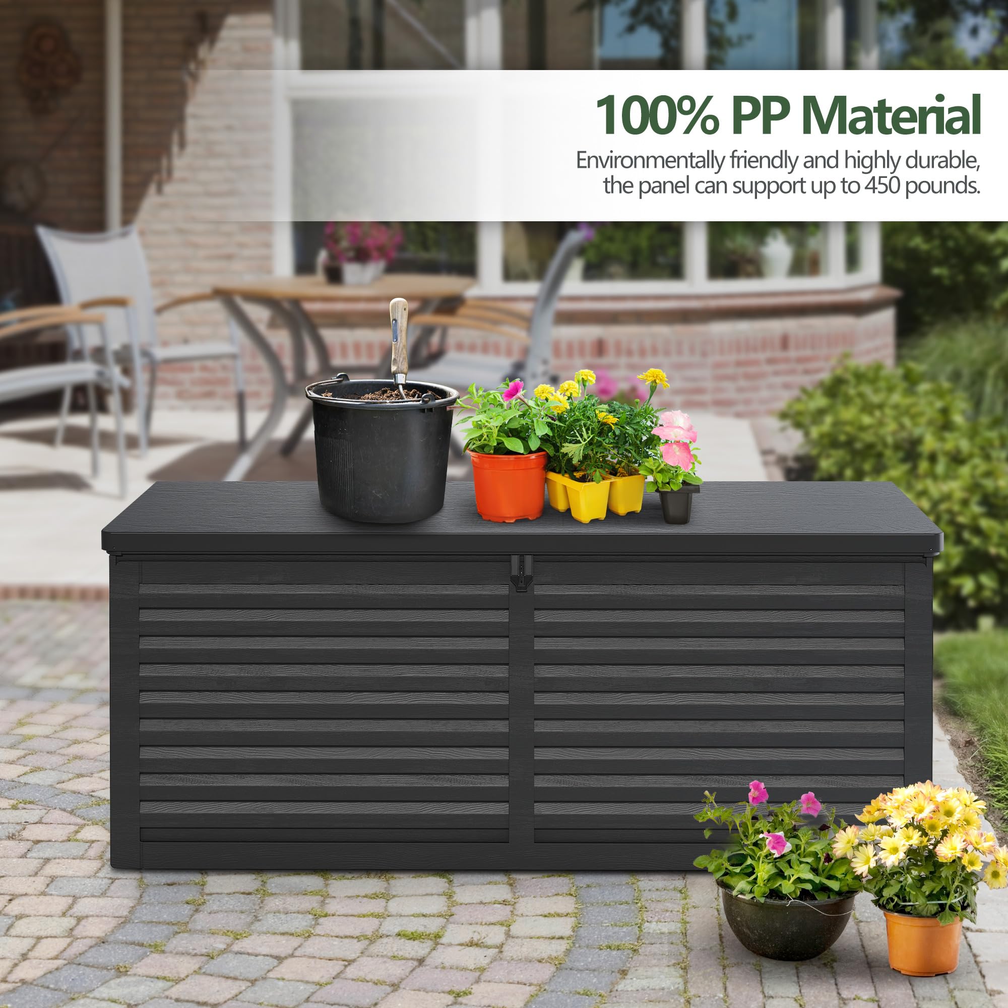 BTMWAY 130 Gallon Outdoor Storage Deck Box Water-proof Resin Cabinet for Patio Cusions,Garden Tools,Pool Supplies,Lockable Strong Bearing Lid,Slide Support Rod,Lightweight,Weather-resistant (Black)