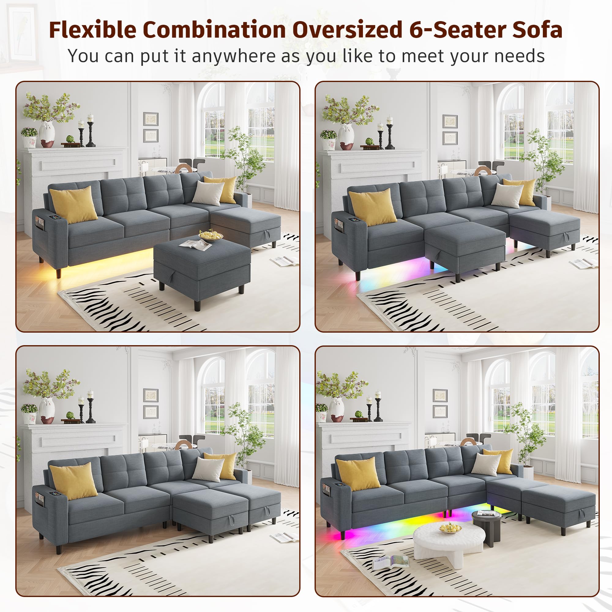 FOMNEY Sectional Couches for Living Room, LED Modular Sectional Sofa with Charging Station, 6 Seats U Shaped Couch with Storage, Ottomans, 6 Pieces Set Sectional Couch Grey Sofa Couch