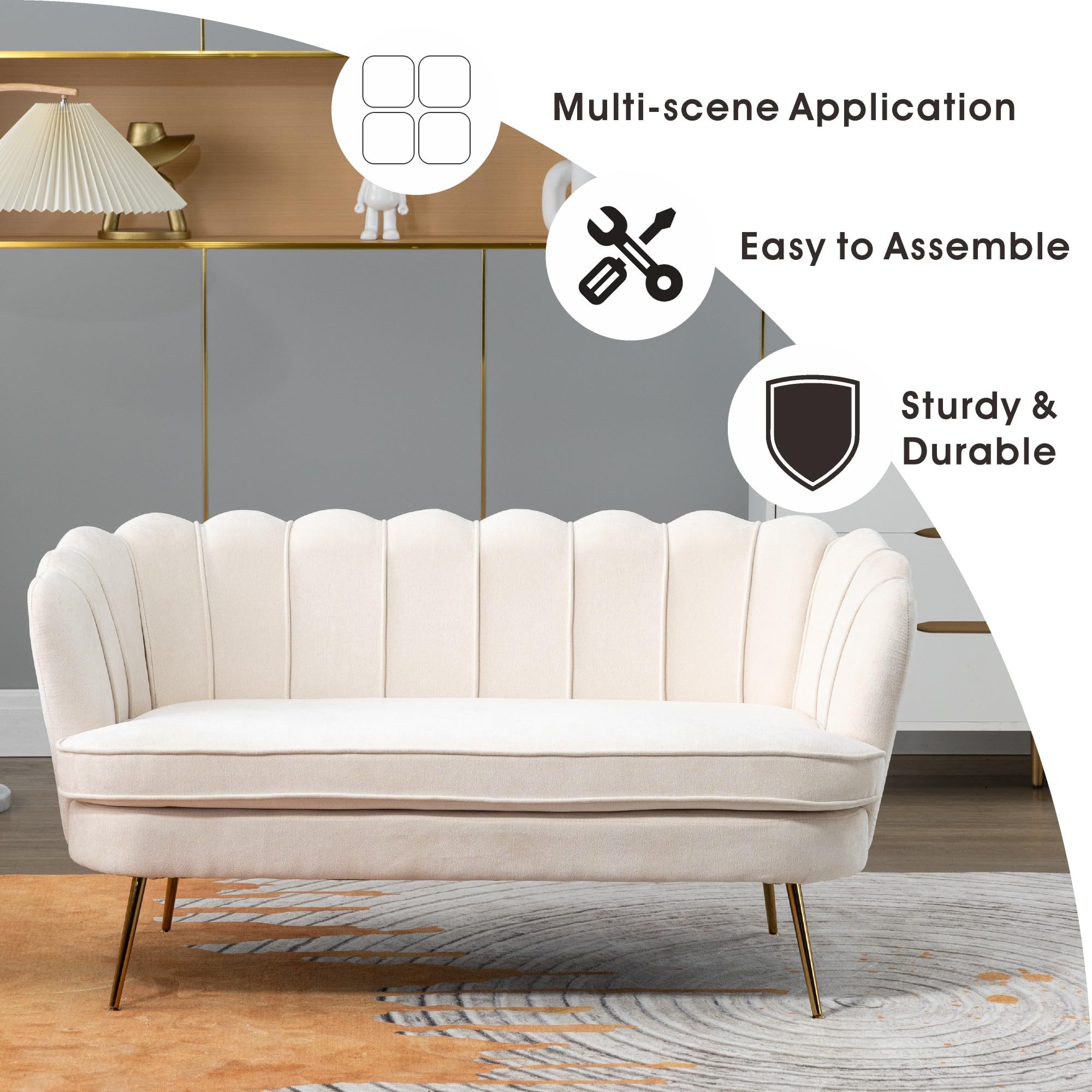 Sinzho & Wiyfun 59" W Upholstered Small Loveseat Sofa 2-Seat Couch Settee Love Seat with Gold Metal Legs for Small Space Mini Room, Chenille Fabric, Beige