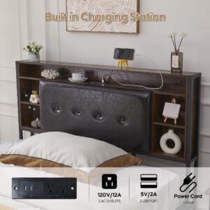 Full Size Bed Frames with Charging Station&LED Lights, Modern Metal Bed Frames with Upholstered Hidden Storage Headboard, Storage Space Under Bed, No Box Spring, Easy Assembly